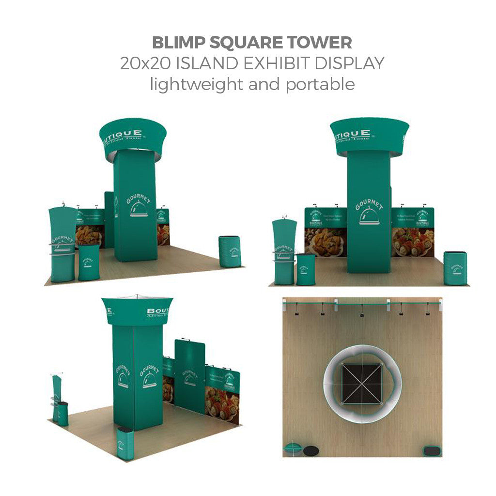 WaveLine® Blimp Squared Tower 20ft Island Exhibit with fabric banner stands